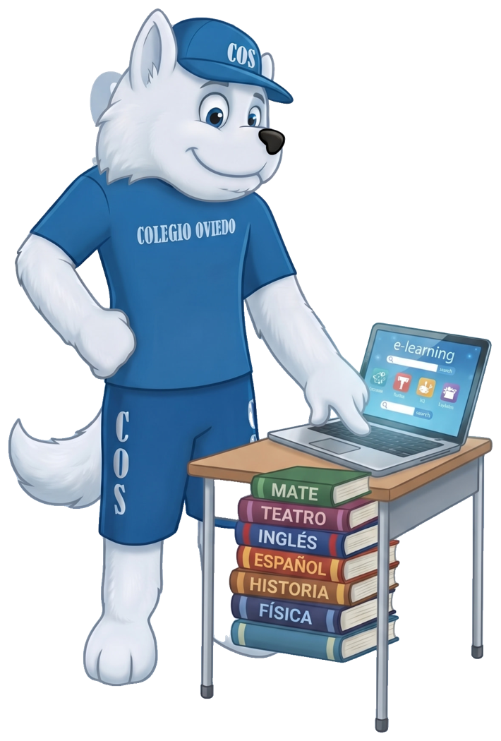 Mascota COS de Secundaria del Colegio Oviedo Schönthal en el salón con laptop de e-learning