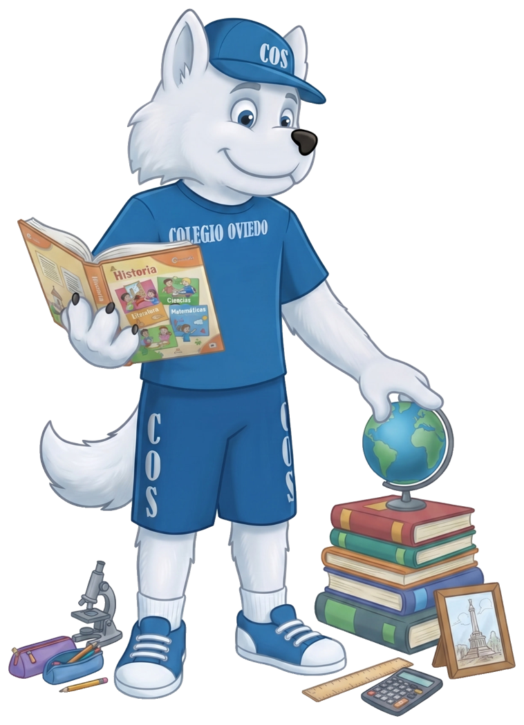 Mascota COS de Primaria del Colegio Oviedo Schönthal leyendo un libro de Historia