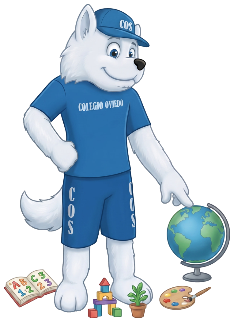 Mascota COS del Preescolar del Colegio Oviedo Schönthal con globo terráqueo y juguetes